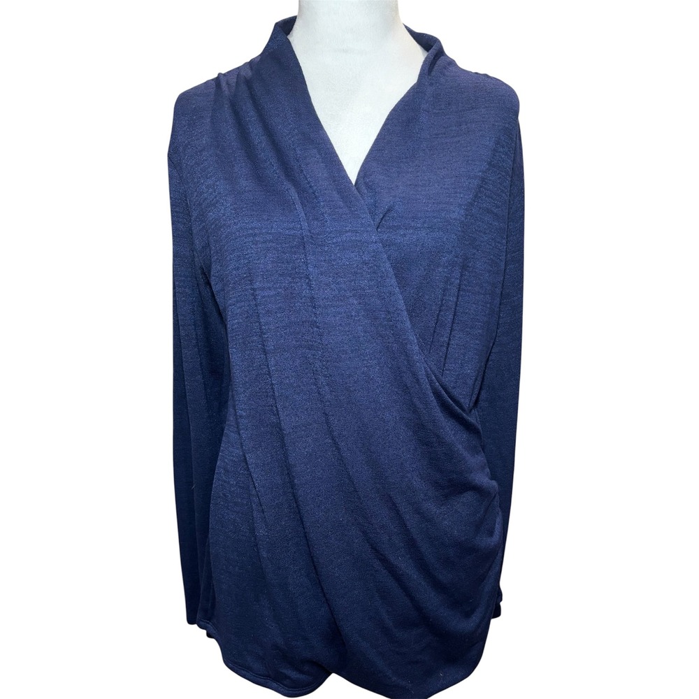 41 Hawthorn Faux Wrap Top Size L Navy Heather Long Sleeve Knit Blouse